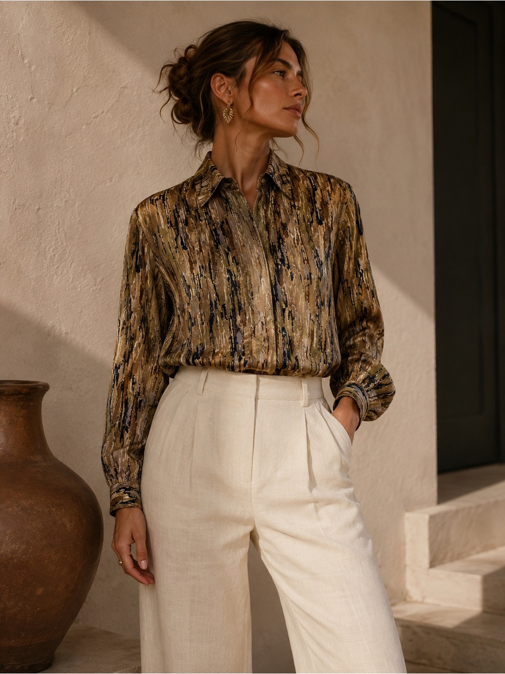 Vintage TESS 100% Silk Abstract Print Blouse | Neutral Earth Tone | Small